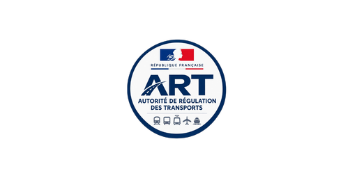 Autorité de Régulation des Transports en France avec symboles de la République française, train, bus, tramway, avion et bateau.