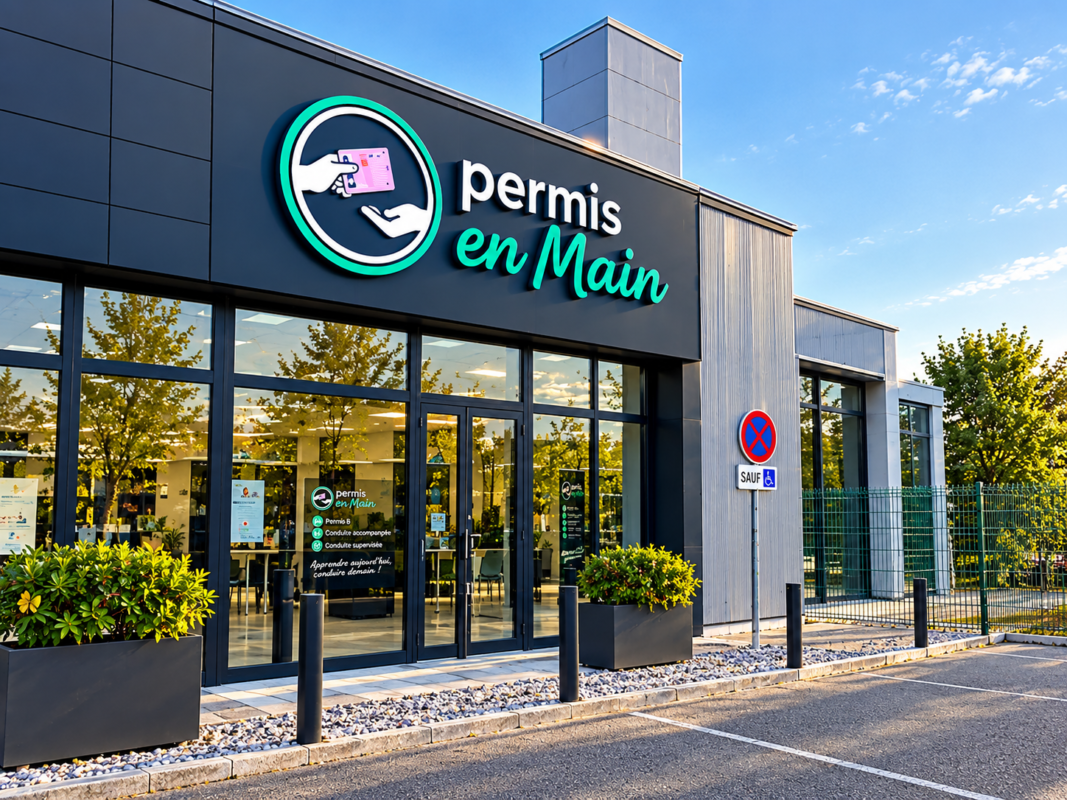 Permis en Main avec grande vitrine, enseigne, entrée principale et espace extérieur.